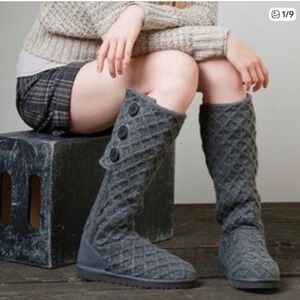 UGG Australia Lattice Cardy Genuine Sheepskin Knit Tall Gray Boots Womens Size 7